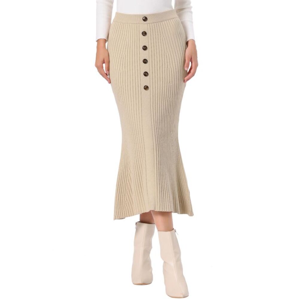 Women's Elastic Waist Fishtail Knit Maxi Sweater Skirt Apricot